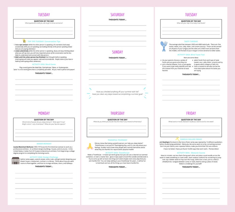 May include: A printable planner with a pink and white background. The planner has a daily schedule with space for writing down thoughts, questions of the day, and activities. The planner is designed to help people stay organized and motivated.