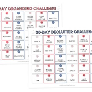 30-day organizing challenge and 30-day declutter challenge in gray, coral, and navy color scheme
