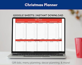 May include: A laptop screen displaying a digital Christmas Planner spreadsheet for Google Sheets. The interface features red headers labeled Kids' Gift List and Stocking Stuffers with columns for item names, links, and costs, plus a total spent field.