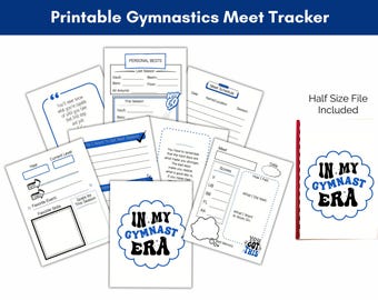 May include: Printable gymnastics meet tracker with a blue and white colour scheme. The tracker includes pages for personal bests, meet schedules, and meet notes. The pages have the text "In My Gymnast Era" and "You Got This".