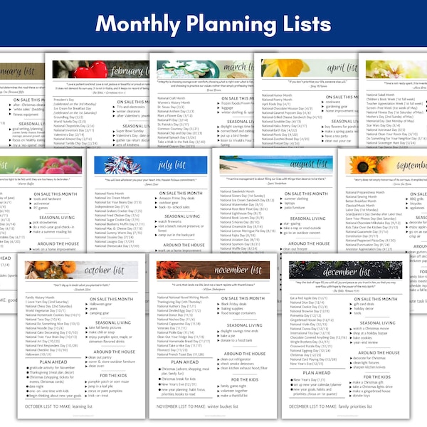 Monthly Planning Lists, Monthly Holidays, Year of Intentional Living