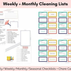 Printable weekly and monthly cleaning checklists. Printable chore cards.
