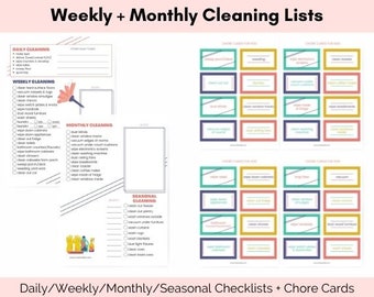 Daily, Weekly, Monthly, Seasonal Cleaning Lists, Chore Cards for Kids