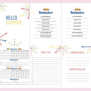 May include: A printable summer planner with a colorful fireworks design. The planner includes sections for daily and weekly chores, things I did, summer goals, and a summer wish list.