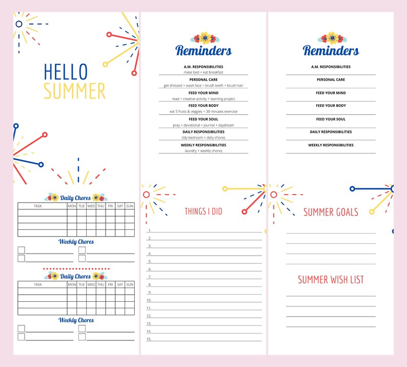 May include: A printable summer planner with a colorful fireworks design. The planner includes sections for daily and weekly chores, things I did, summer goals, and a summer wish list.