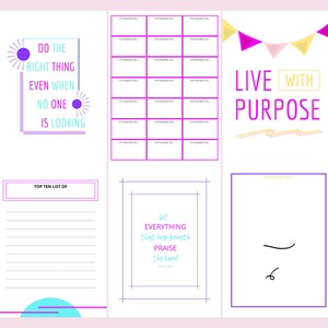 May include: A printable planner page with a pink, blue, and yellow color scheme. The page includes a quote, "Do the right thing even when no one is looking."  It also includes a gratitude list, a top ten list, a quote, "Let everything that has breath praise the Lord." and a blank space for journaling.