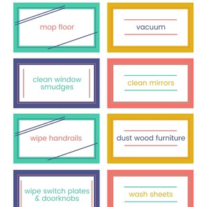 Printable chore cards: simple graphics in navy, coral, sunflower, and teal.