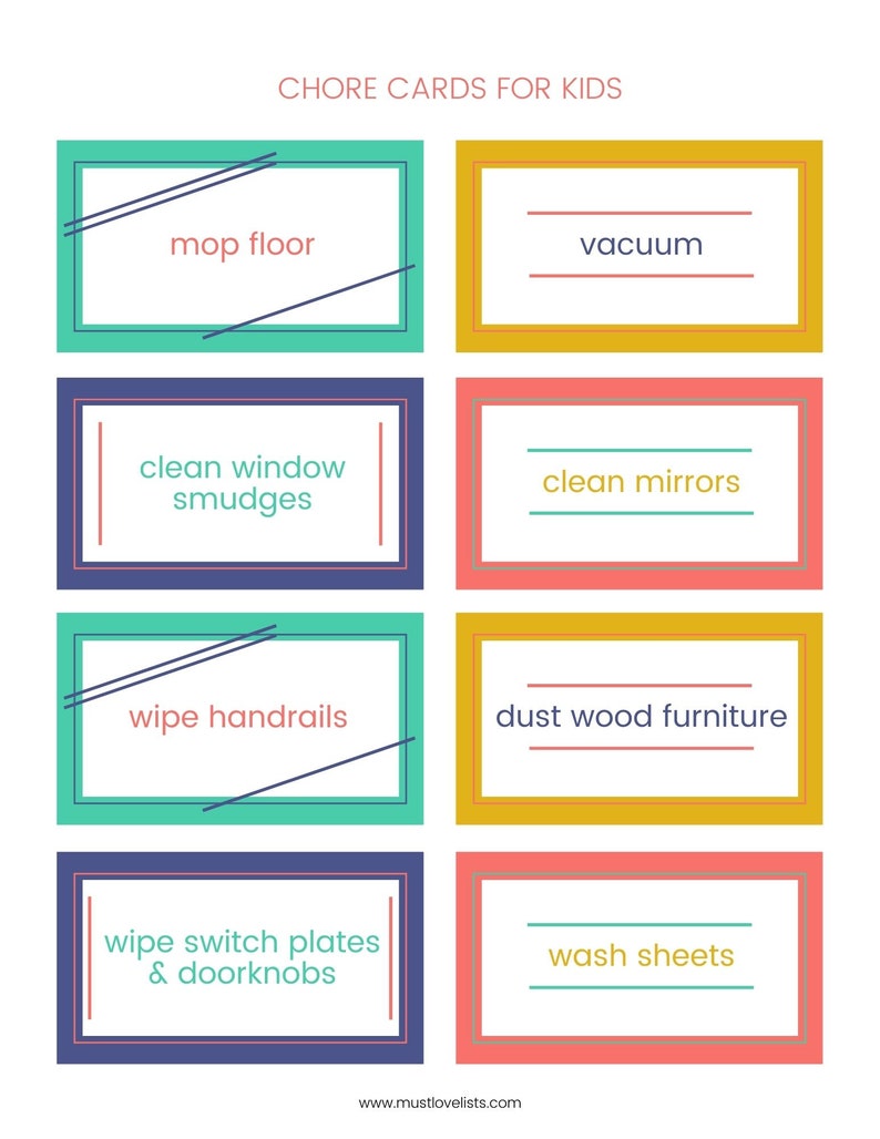 Printable chore cards: simple graphics in navy, coral, sunflower, and teal.