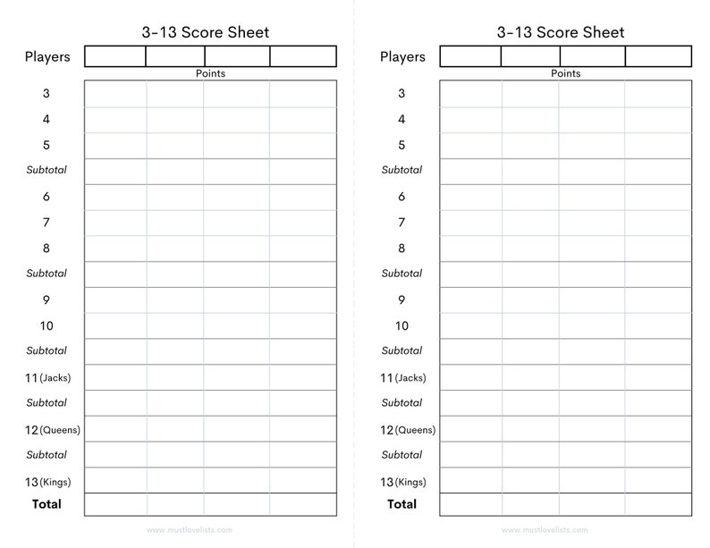 Printable Three Thirteen Score Sheets 313 Card Game Score Etsy
