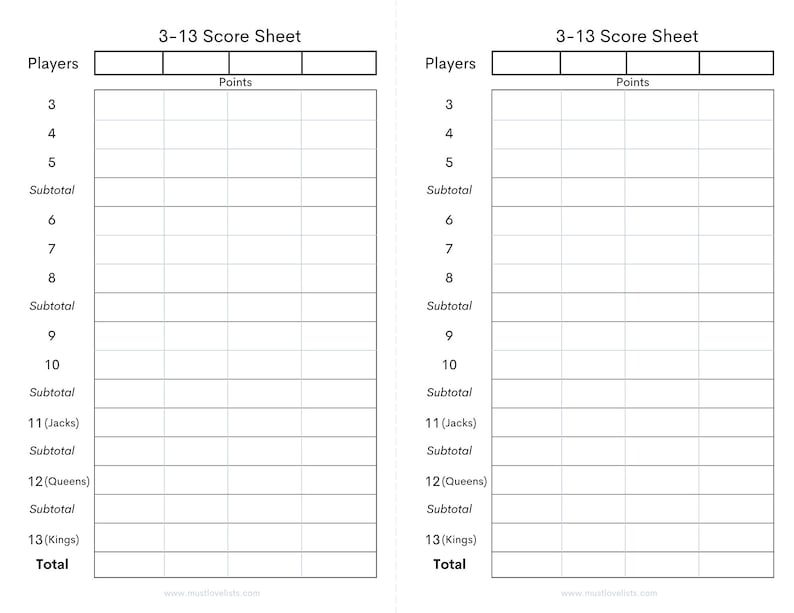 Printable Three Thirteen Score Sheets 313 Card Game Score Etsy