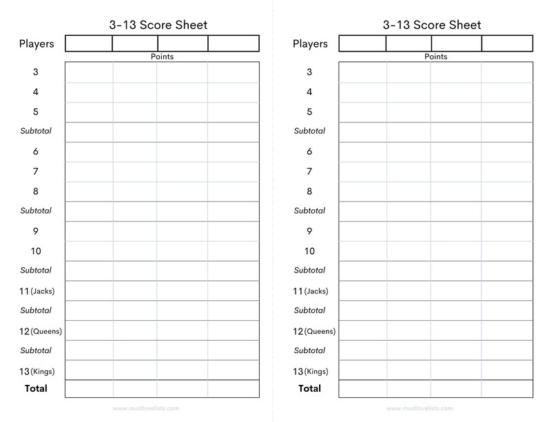 Printable Three Thirteen Score Sheets 3 13 Card Game Score Cards Etsy