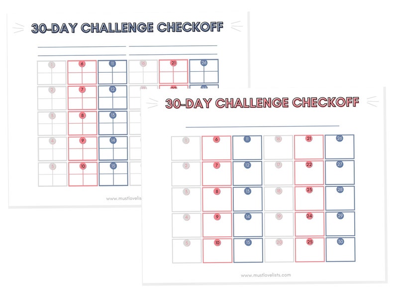 30-day challenge checkoff chart with option to include up to 4 separate habits. Gray, coral, and navy color scheme.