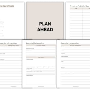 May include: A printable end-of-life planning checklist with sections for "What to Do in Case of Death", "Essential Information", and "People to Notify in Case of Death". The checklist includes sections for memorial service details, designated persons, final wishes, and more.