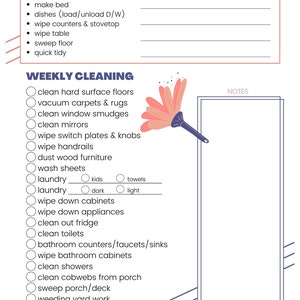 Printable daily and weekly cleaning checklist, coral and navy.