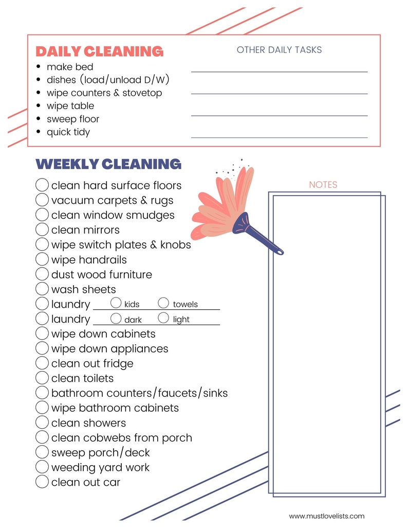 Printable daily and weekly cleaning checklist, coral and navy.