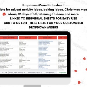 Google Sheets Christmas planner to organize gift lists, advent activities, menus, baking, reading list.