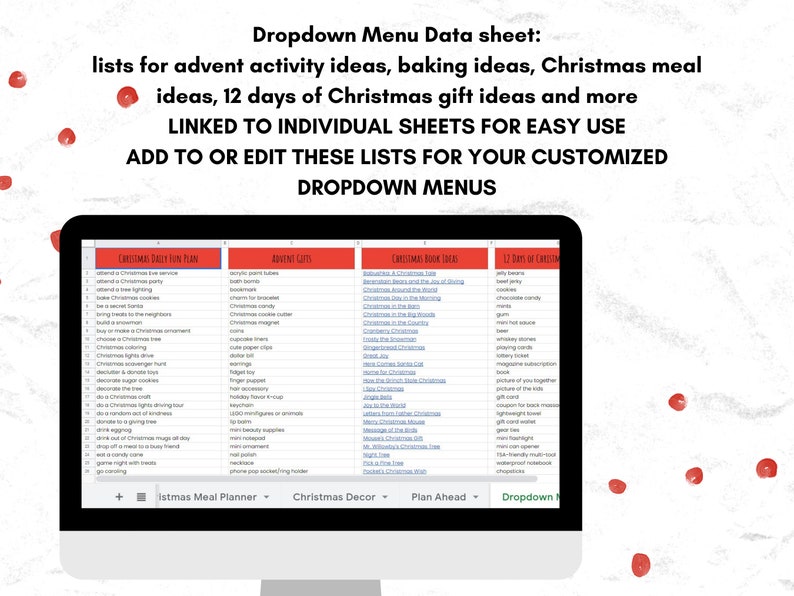 Google Sheets Christmas planner to organize gift lists, advent activities, menus, baking, reading list.