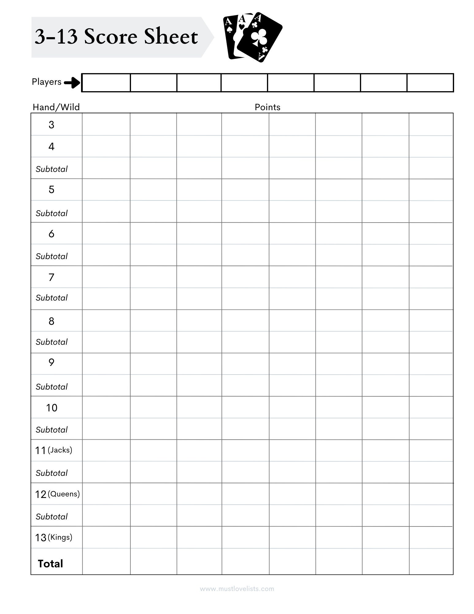 Printable Three Thirteen Score Sheets 3-13 Card Game Score 