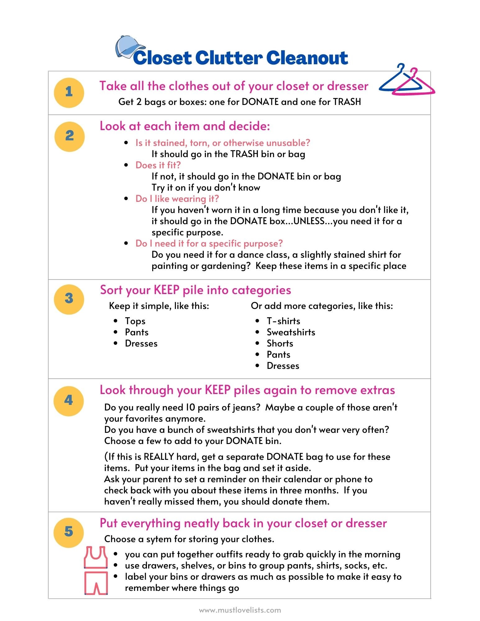 Closet Clutter Cleanout Printable for Kids, Life Skills for Kids, Kids ...