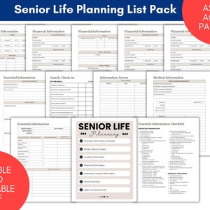 Könnte beinhalten: Eine Sammlung druckbarer Dokumente mit dem Titel Senior Life Planning List Pack, die verschiedene Formulare für finanzielle, medizinische und wichtige Informationen enthält. Die Seiten umfassen Abschnitte für Familien-Check-ins und Checklisten.