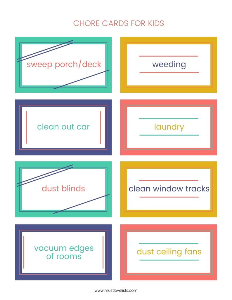 Printable chore cards: simple graphics in navy, coral, sunflower, and teal.