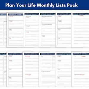 May include: A pack of monthly list templates with the title "Plan Your Life Monthly Lists Pack." Each page is white with a blue header and red subheadings. The templates include sections for tradition, personal, family, and home.