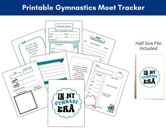 May include: Printable gymnastics meet tracker with a teal and black design. The tracker includes pages for personal bests, meet schedules, and meet notes. The cover features the text "In My Gymnast Era".