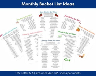 Monatliche Bucket List Ideen, saisonale Bucket Lists, monatliche lustige Aktivitäten für Kinder (US Letter & A5 Größen enthalten)