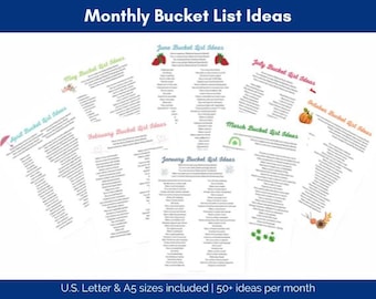 Monatliche Bucket List Ideen, saisonale Bucket Lists, monatliche lustige Aktivitäten für Kinder (US Letter & A5 Größen enthalten)