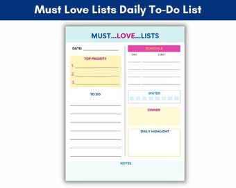 Must Love Lists Daily To Do List Planner Page,  Hot Pink and Blue To Do List