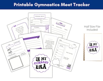 May include: Printable gymnastics meet tracker with a purple and white logo that says "In My Gymnast Era". The tracker includes pages for personal bests, meet schedules, and meet notes. The tracker also includes a half-size file.