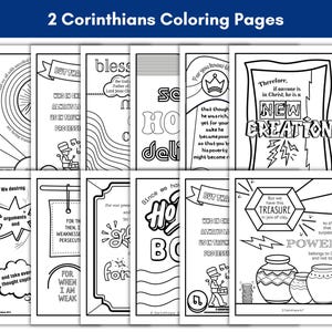 May include: A collection of black and white coloring pages with Bible verses and illustrations. The pages feature text from 2 Corinthians, with images of musical notes, crowns, and decorative jars. The title "2 Corinthians Coloring Pages" is at the top.