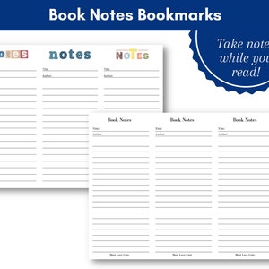 Könnte beinhalten: Druckbare Lesezeichen für Notizen mit drei verschiedenen Designs. Jedes Lesezeichen hat einen Titel, einen Autor und einen linierten Platz für Notizen. Der Text auf den Lesezeichen lautet "Notes".