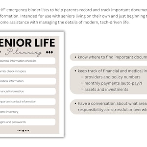 May include: A printable checklist titled "Senior Life Planning" with a list of important topics to consider for senior living, including essential information, family check-in topics, medical information, financial information, important contact information, home inventory, and logins and passwords.