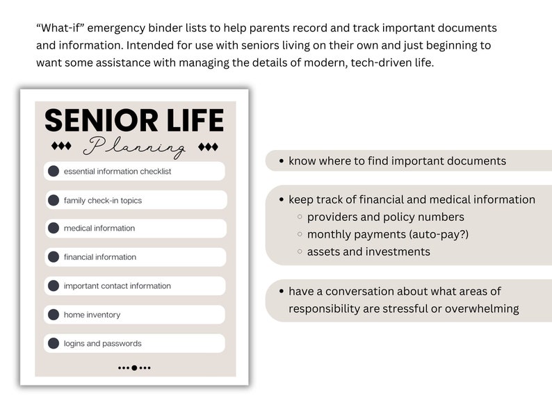 May include: A printable checklist titled "Senior Life Planning" with a list of important topics to consider for senior living, including essential information, family check-in topics, medical information, financial information, important contact information, home inventory, and logins and passwords.