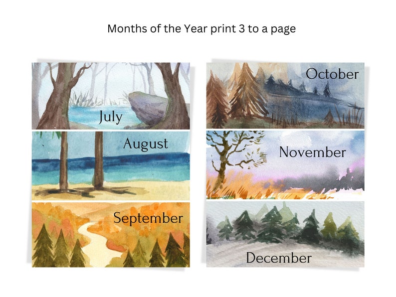 Months of the year for bulletin board, vision board, or magnetic board in watercolor tree theme.