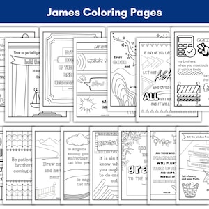 May include: A collection of black and white coloring pages with religious themes. The pages feature various Bible verses and illustrations, including text that reads "James Coloring Pages", "count it all JOY", and other inspirational quotes.