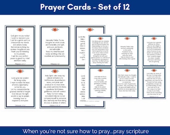 Puede incluir: Un conjunto de 12 tarjetas de oración imprimibles con un diseño floral y versículos bíblicos. Las tarjetas son azules y blancas con un diseño de flores color melocotón. El texto en las tarjetas incluye frases como "Dios, dame alegría hoy" y "Señor, ayúdame a ser digno de tu llamado".
