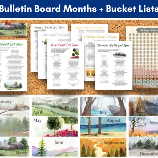 Bulletin Board Decor, Monthly Bucket Lists, Watercolor Trees Classroom Decor