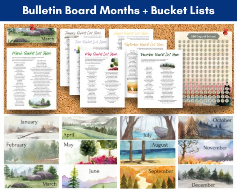 Bulletin board pack with monthly bucket lists, school year countdown, and months of the year in a watercolor tree theme.