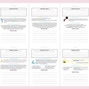 May include: A printable planner with a pink background and a weekly schedule for each day of the week. Each day has a question of the day, a thought for the day, and an activity idea. The planner is designed to help people reflect on their day and plan for the week ahead.