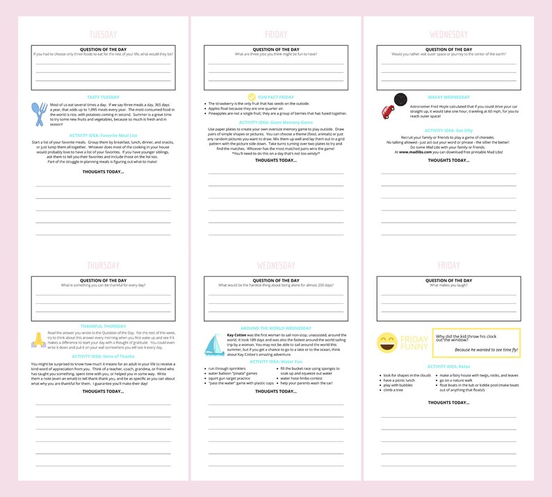 May include: A printable planner with a pink background and a weekly schedule for each day of the week. Each day has a question of the day, a thought for the day, and an activity idea. The planner is designed to help people reflect on their day and plan for the week ahead.