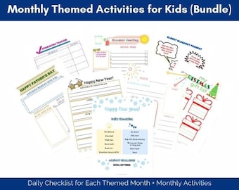 Monthly Printable Activities for Kids, Daily Checklist with Monthly Themes, Life Skills for Kids