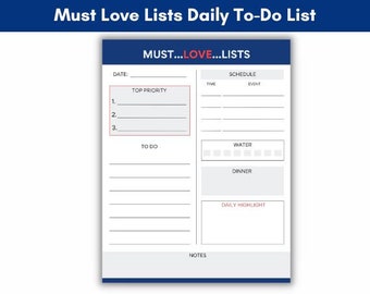 Must Love Lists Daily To Do List Planner Page, Classic Navy and Red Printable To Do List