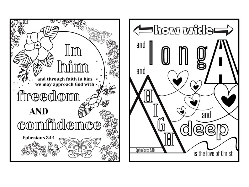 Printable coloring pages for Ephesians Bible verses. Printable coloring page for Ephesians 3:12 and Ephesians 3:18.