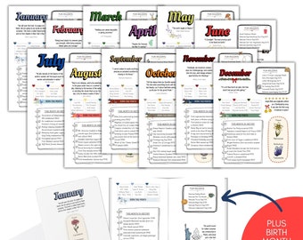 Hojas y tarjetas con datos curiosos mensuales (descarga digital)