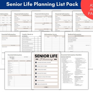 May include: A printable checklist pack for senior life planning. The checklist includes sections for financial information, essential information, family check-in, information access, medical information, and essential documents. The checklist is designed to help seniors and their families organize important information and prepare for the future.
