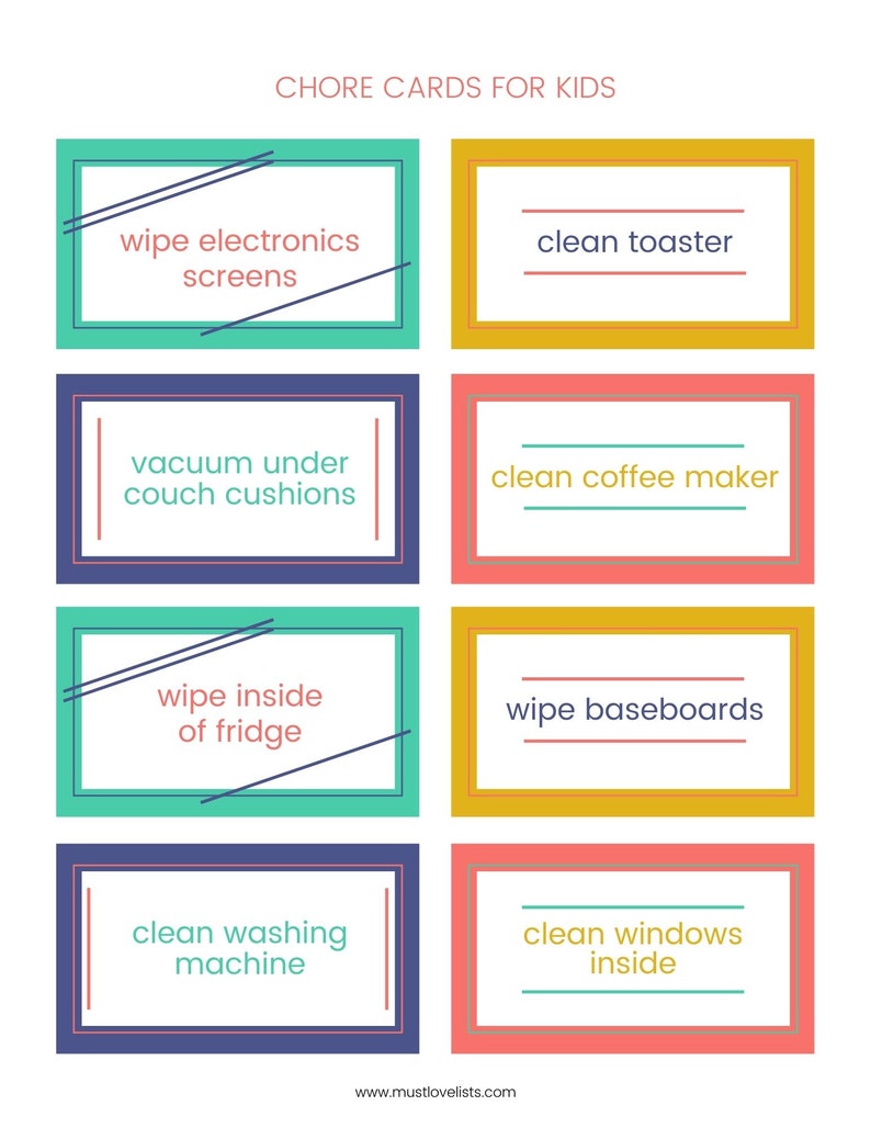 Printable chore cards: simple graphics in navy, coral, sunflower, and teal.