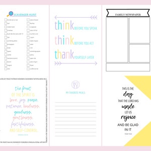May include: A printable worksheet with a scavenger hunt, a family newspaper, a section for writing favorite meals, and a religious quote about the fruit of the spirit. The worksheet is decorated with colorful arrows, flowers, and a fork and knife.
