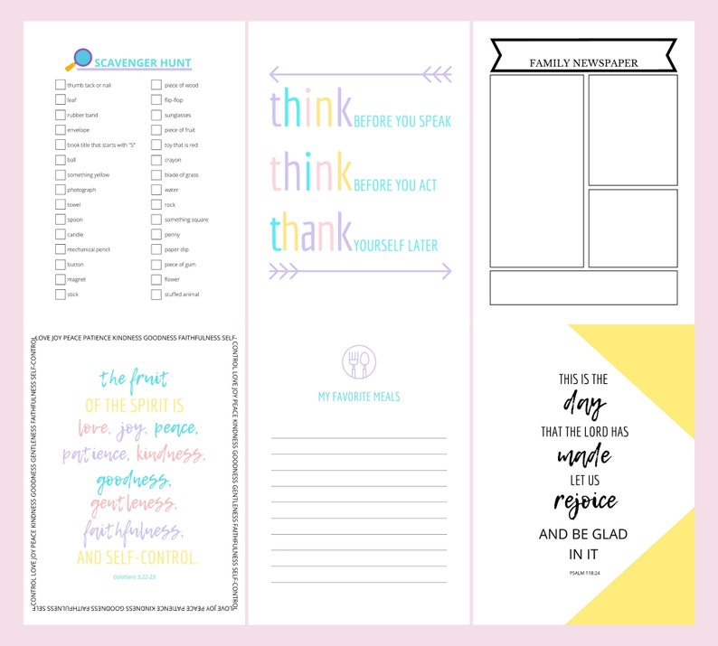 May include: A printable worksheet with a scavenger hunt, a family newspaper, a section for writing favorite meals, and a religious quote about the fruit of the spirit. The worksheet is decorated with colorful arrows, flowers, and a fork and knife.